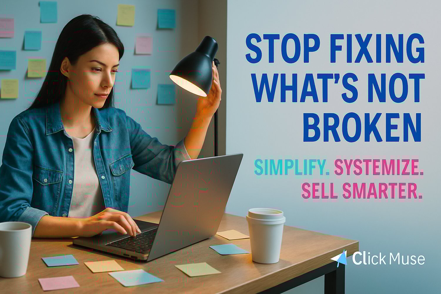 A focused female creator works on her laptop at a desk covered in colorful sticky notes and coffee cups, symbolizing productivity and clarity. The text overlay reads “Stop Fixing What’s Not Broken — Simplify. Systemize. Sell Smarter.” with the ClickMuse l
