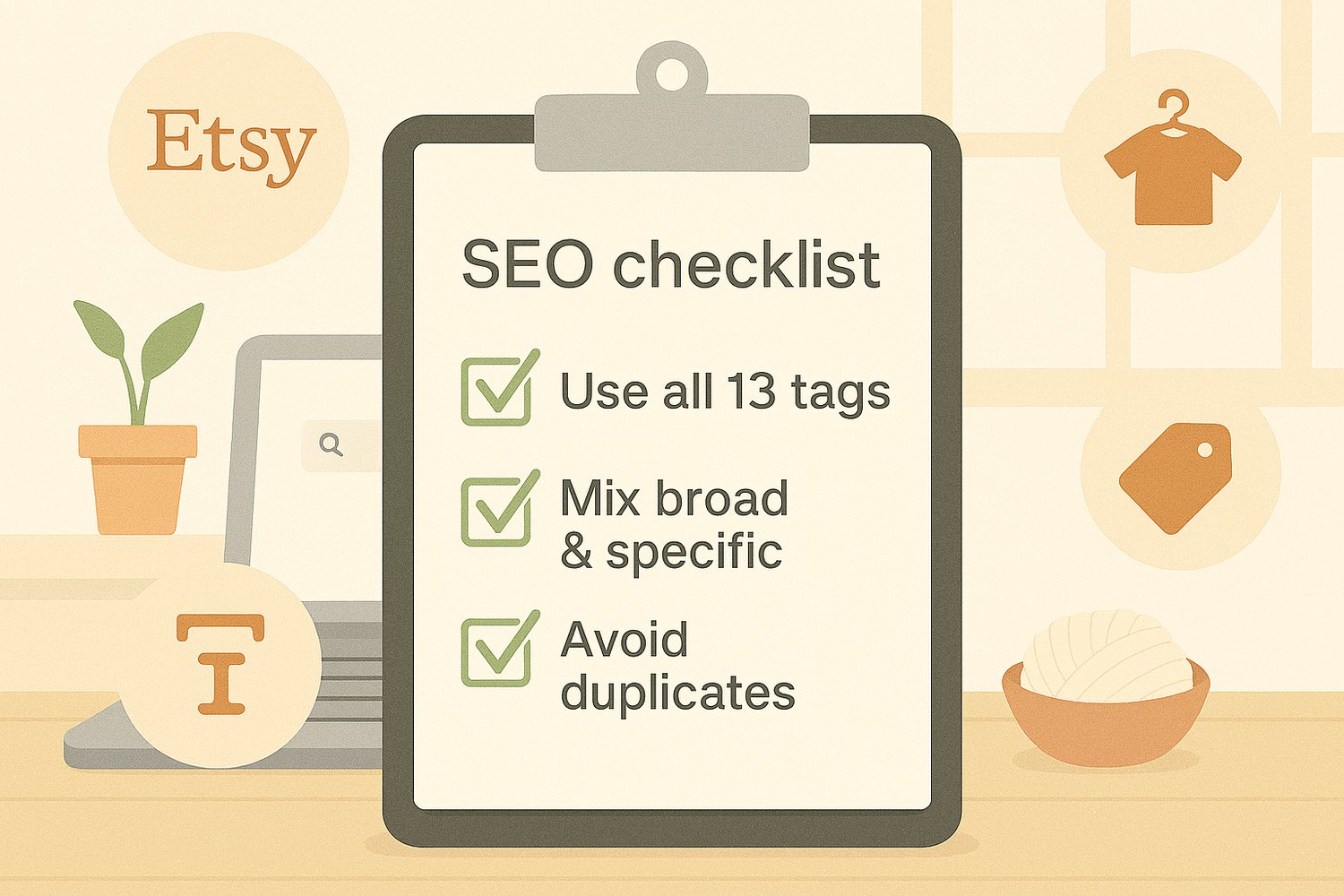 Etsy SEO checklist on clipboard with tips to use all 13 tags, mix broad and specific keywords, and avoid duplicates, surrounded by Etsy icons, laptop, handmade products, and clean workspace aesthetic.