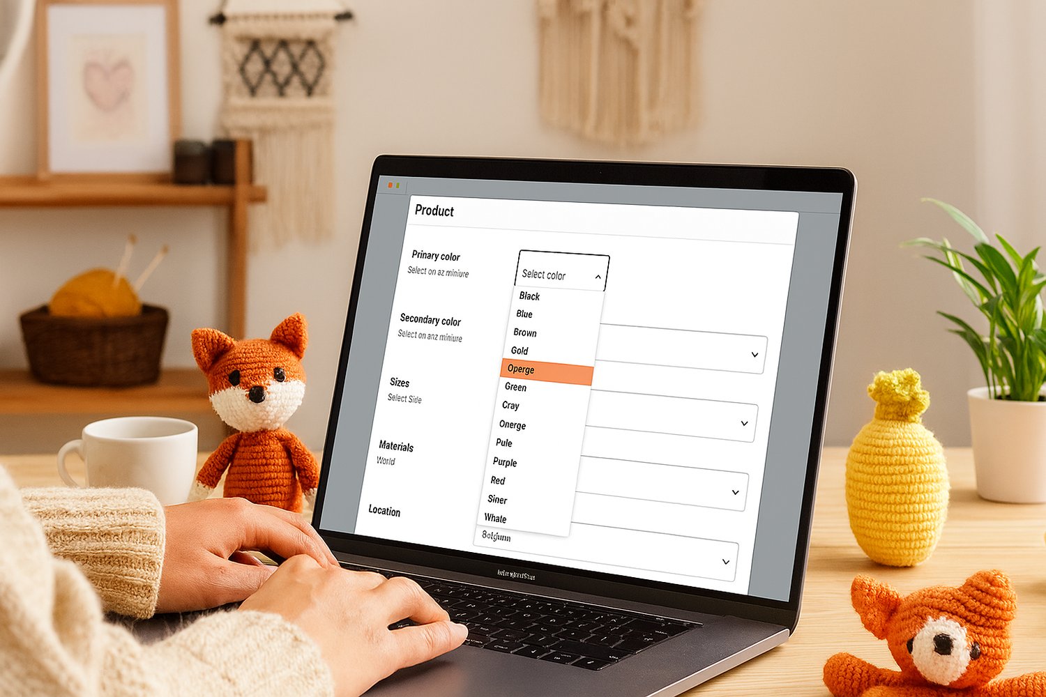 Etsy seller editing product attributes on laptop in bright craft studio — dropdown menus for color, size, and material visible on screen, surrounded by handmade crochet toys, yarn, and creative supplies in natural daylight.