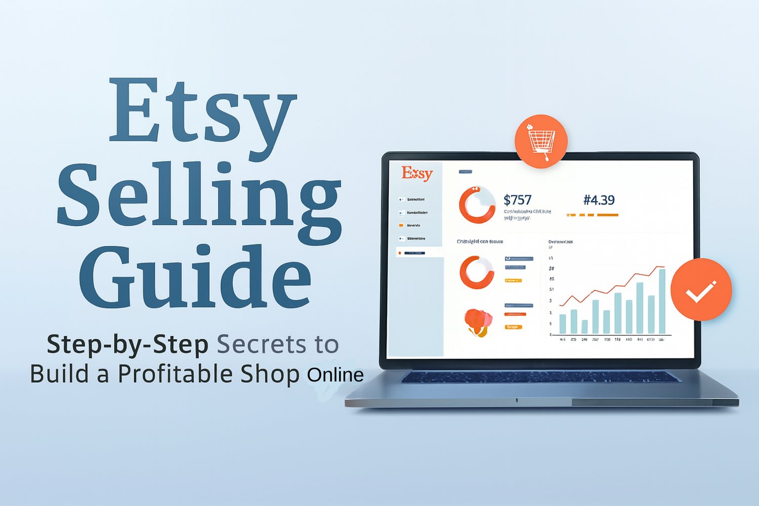 Etsy Selling Guide 2025 cover image showing laptop dashboard with sales charts, analytics, and step‑by‑step tips to build a profitable Etsy shop online.