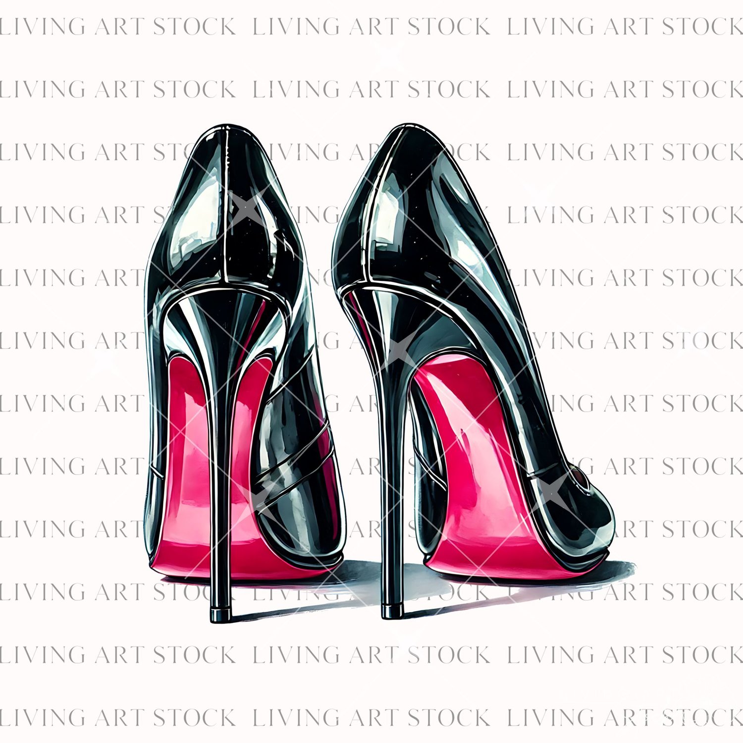 Illustration of black patent leather stilleto heels with pink bottoms and transparent background