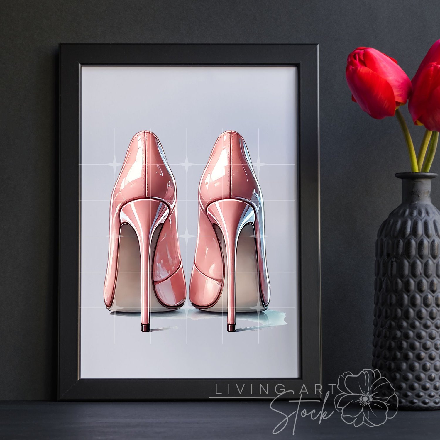 Back view of cotton candy pink stiletto heels wall art