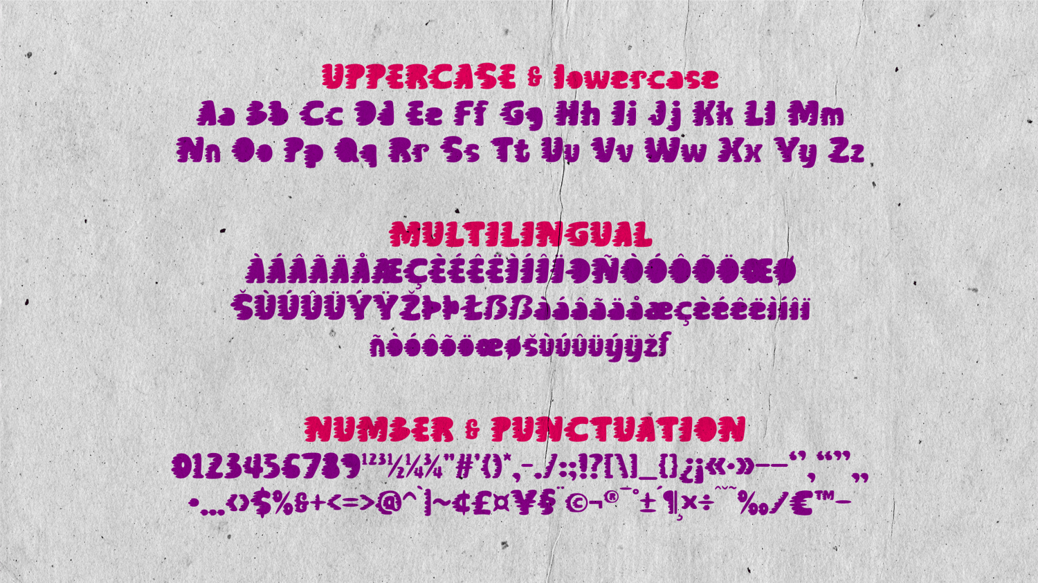 Breezy Chunk font character set showing uppercase lowercase multilingual letters numbers and punctuation.