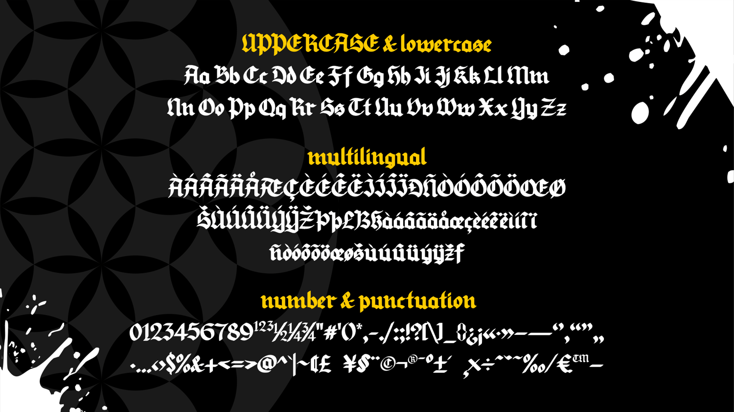 Blood Oath font full character preview showing uppercase, lowercase, numbers, punctuation, and multilingual letters in gothic Fraktur style