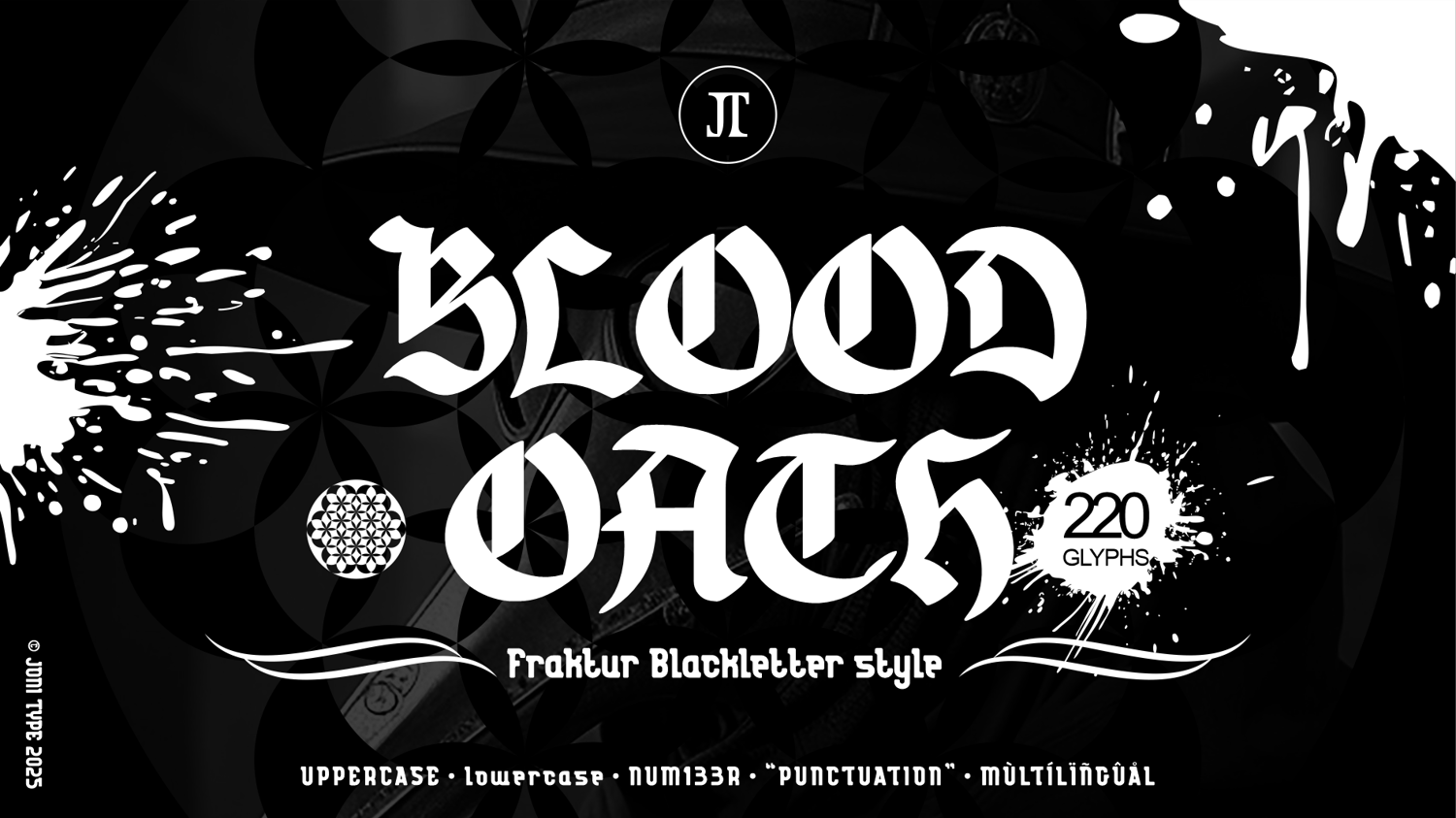 Blood Oath font cover in Fraktur Blackletter style with bold gothic lettering on dark ornamental background