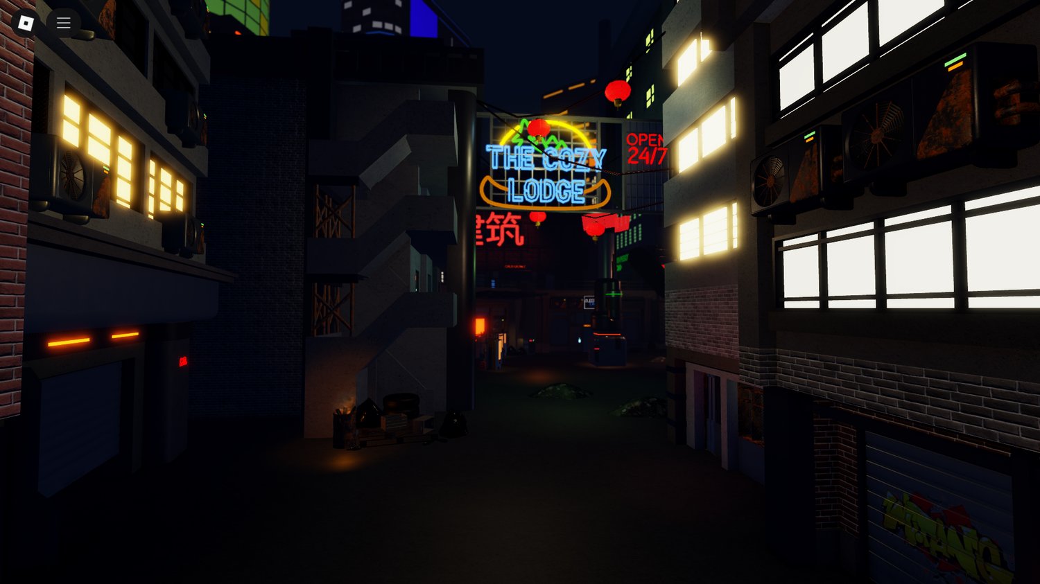 Neon-lit skyscrapers Roblox futuristic map