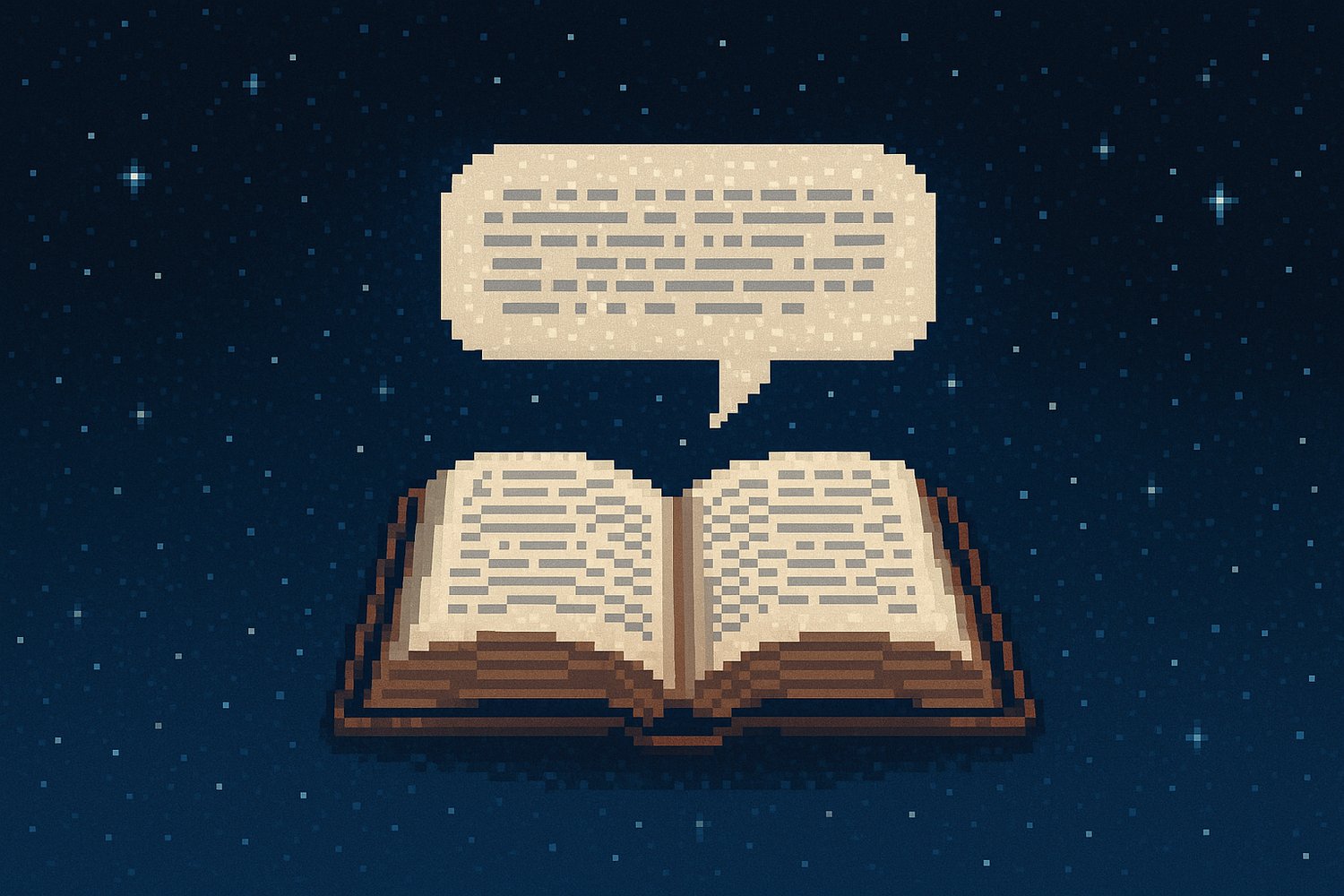 Pixel art illustration of an open book floating in a starry night sky. The book’s pages glow softly, and above it hangs a speech bubble filled with unreadable pixel text, as if the book itself is speaking. The scene has a warm, retro-futurist palette of b