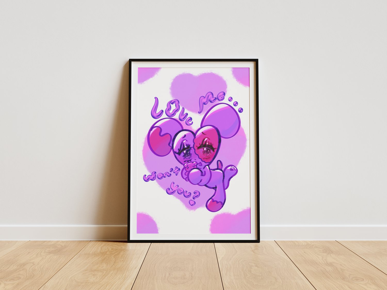 A wall art piece of a purple and pink puppy with a heart-shaped head. It hugs a dog plushie, and stylized liquid metal text reads “Love me, won’t you?” Purple and pink heart-shaped splotches decorate the background. The illustration is in a picture frame 