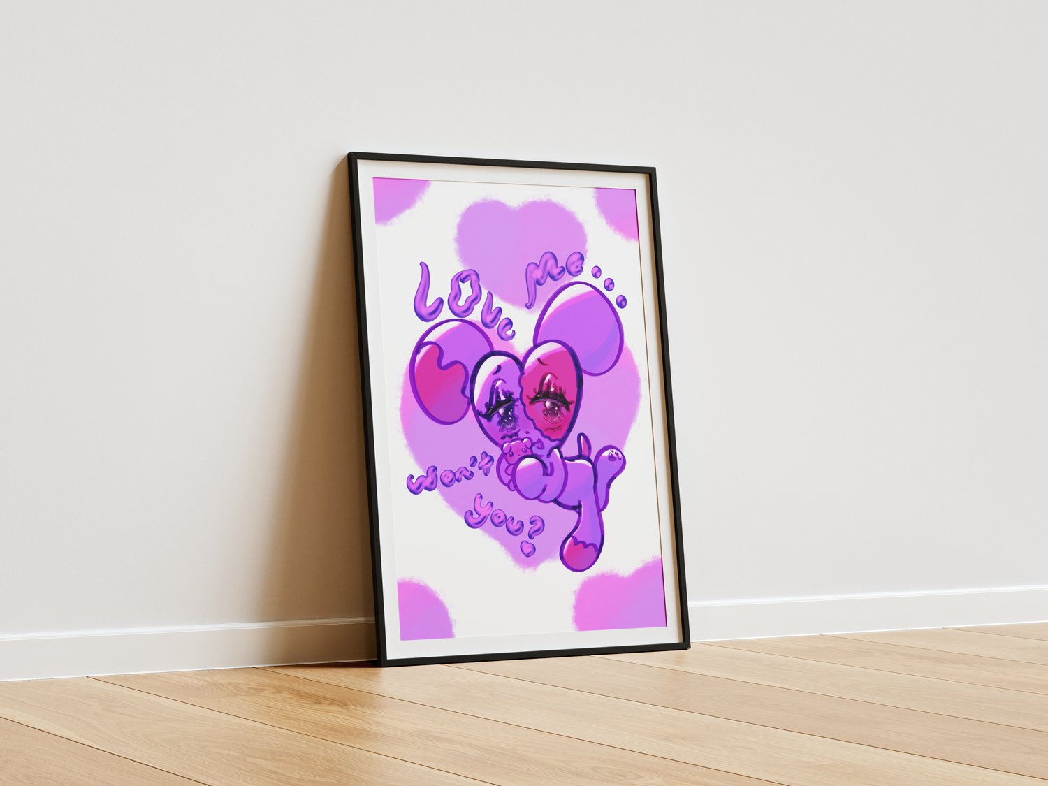 A wall art piece of a purple and pink puppy with a heart-shaped head. It hugs a dog plushie, and stylized liquid metal text reads “Love me, won’t you?” Purple and pink heart-shaped splotches decorate the background. The illustration is in a picture frame 