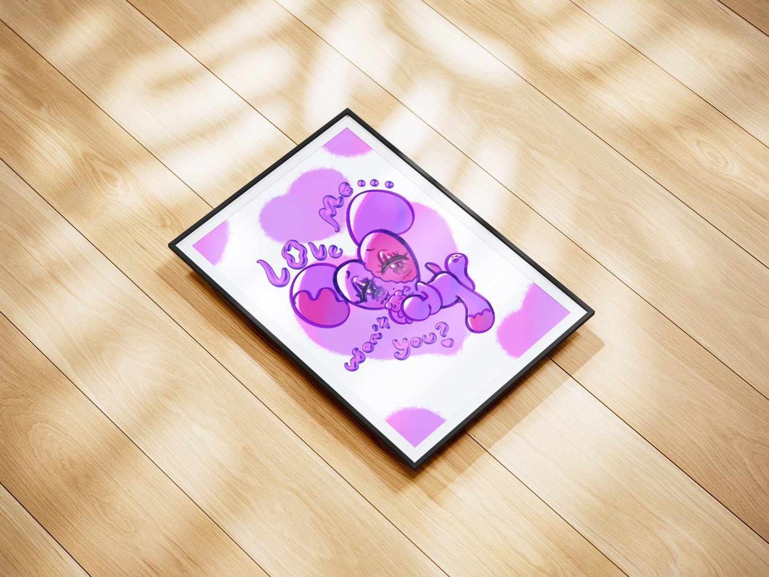 A wall art piece of a purple and pink puppy with a heart-shaped head. It hugs a dog plushie, and stylized liquid metal text reads “Love me, won’t you?” Purple and pink heart-shaped splotches decorate the background. The illustration is in a picture frame 