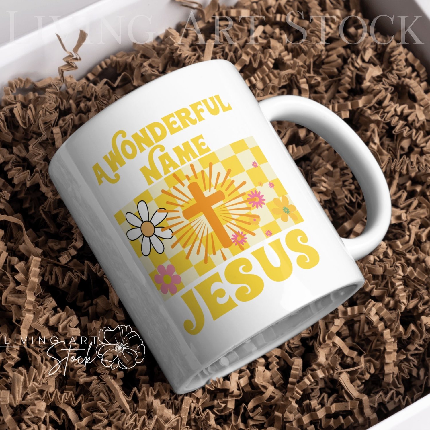 Yellow Christian retro mug design
