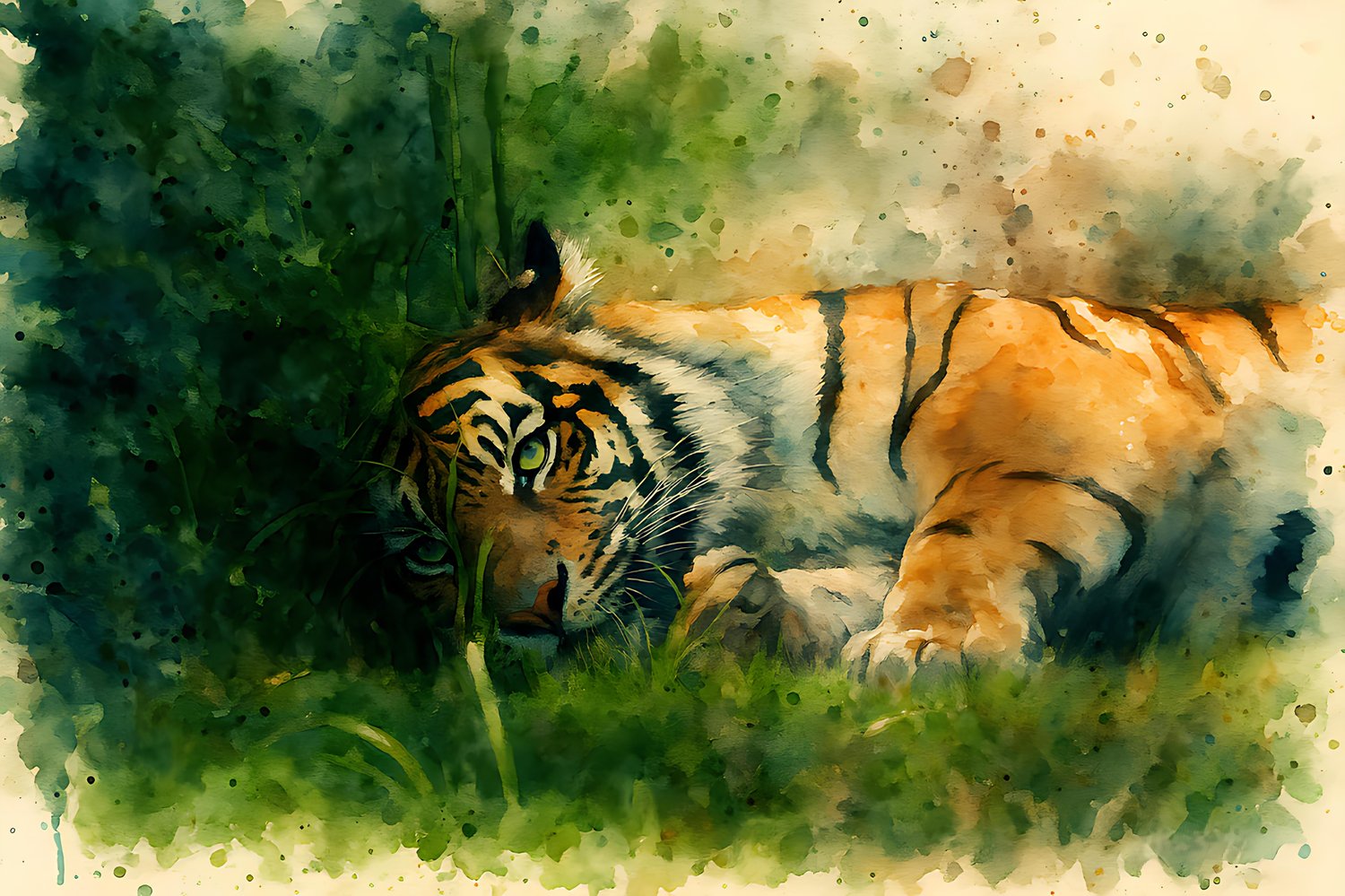 animal painting, artistic illustration, big cat, commercial use, digital watercolor, fine art print, forest animal, high resolution, home decoration, nature background, nature scene, predator portrait, realistic watercolor, tiger art, wall decor, wild ani