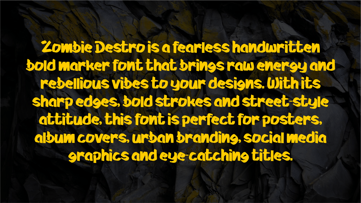 Text sample of Zombie Destro font with uppercase and lowercase styles displayed on cracked rock texture background