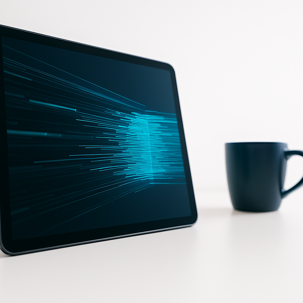 A bright minimalist workspace featuring a tablet displaying a clean grid of digital product thumbnails on a white desk. The scene includes soft Blue-Slate tones and natural lighting, with empty space on the left for text placement — representing AI tools and modern digital creativity.