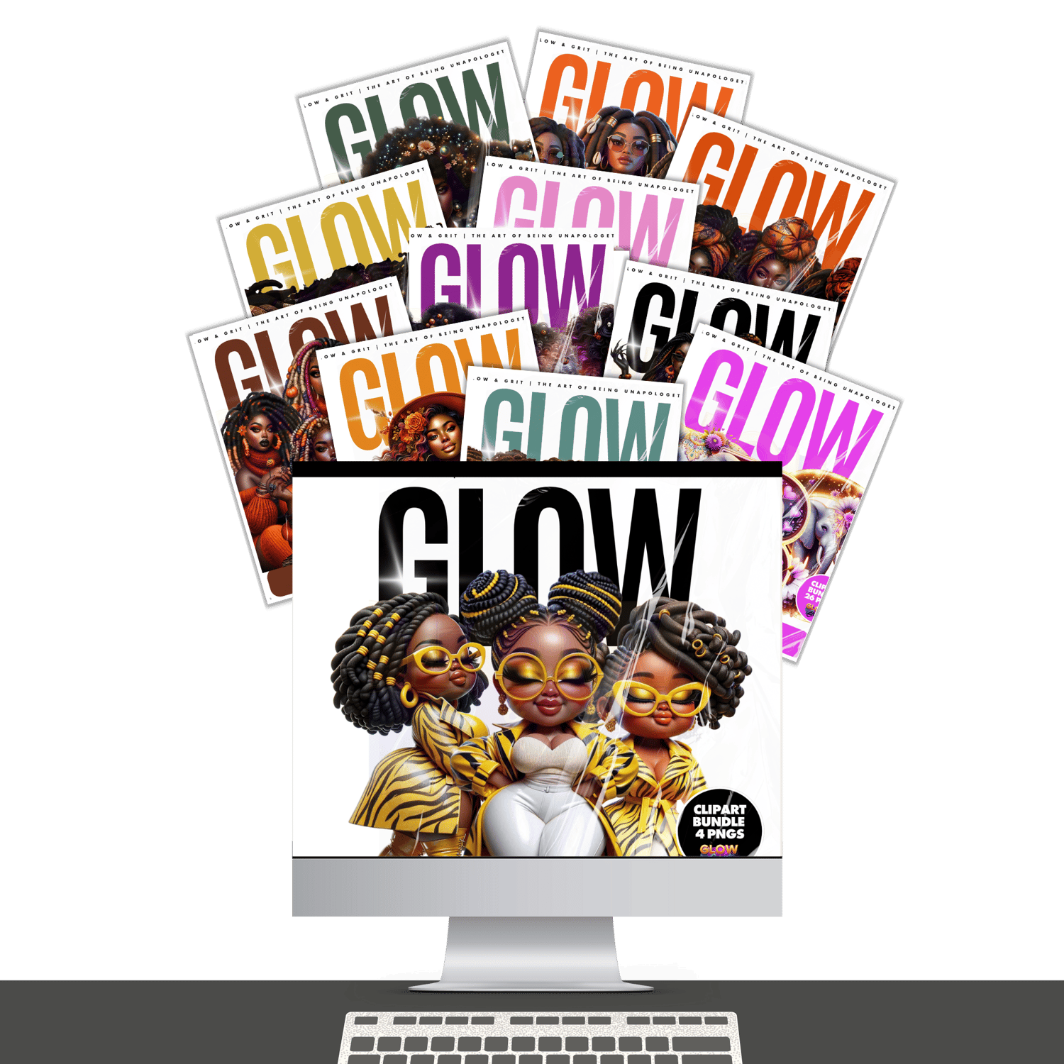 Glow & Grit Afrocentric clipart collections featuring luxury fashion dolls on a computer screen. Stylish digital art in vibrant colors representing empowerment, creativity, and unapologetic confidence.