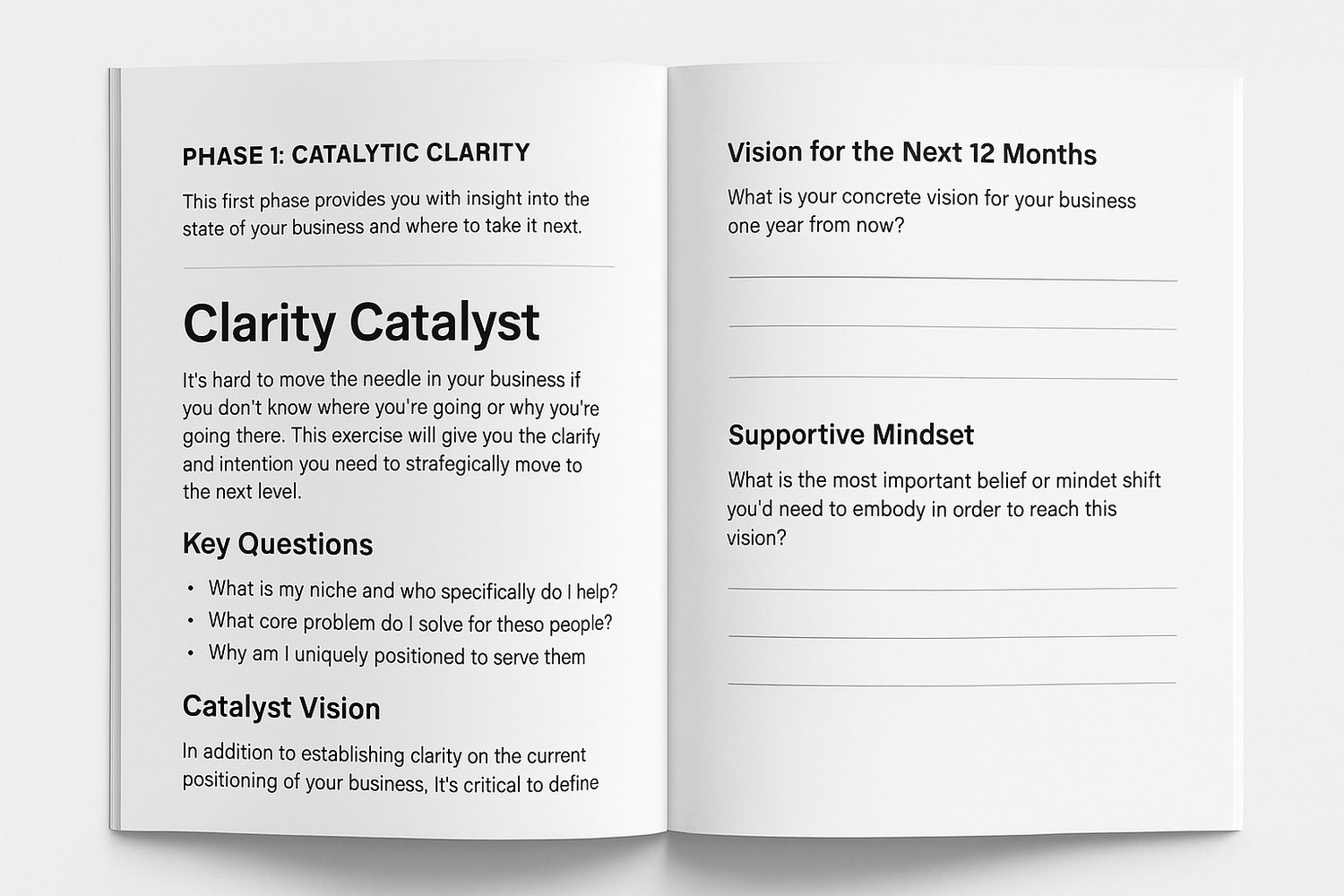 Inside page of The Business Catalyst Bundle workbook showing strategic framework and step-by-step system used by high-performing entrepreneurs to streamline operations and increase profit.