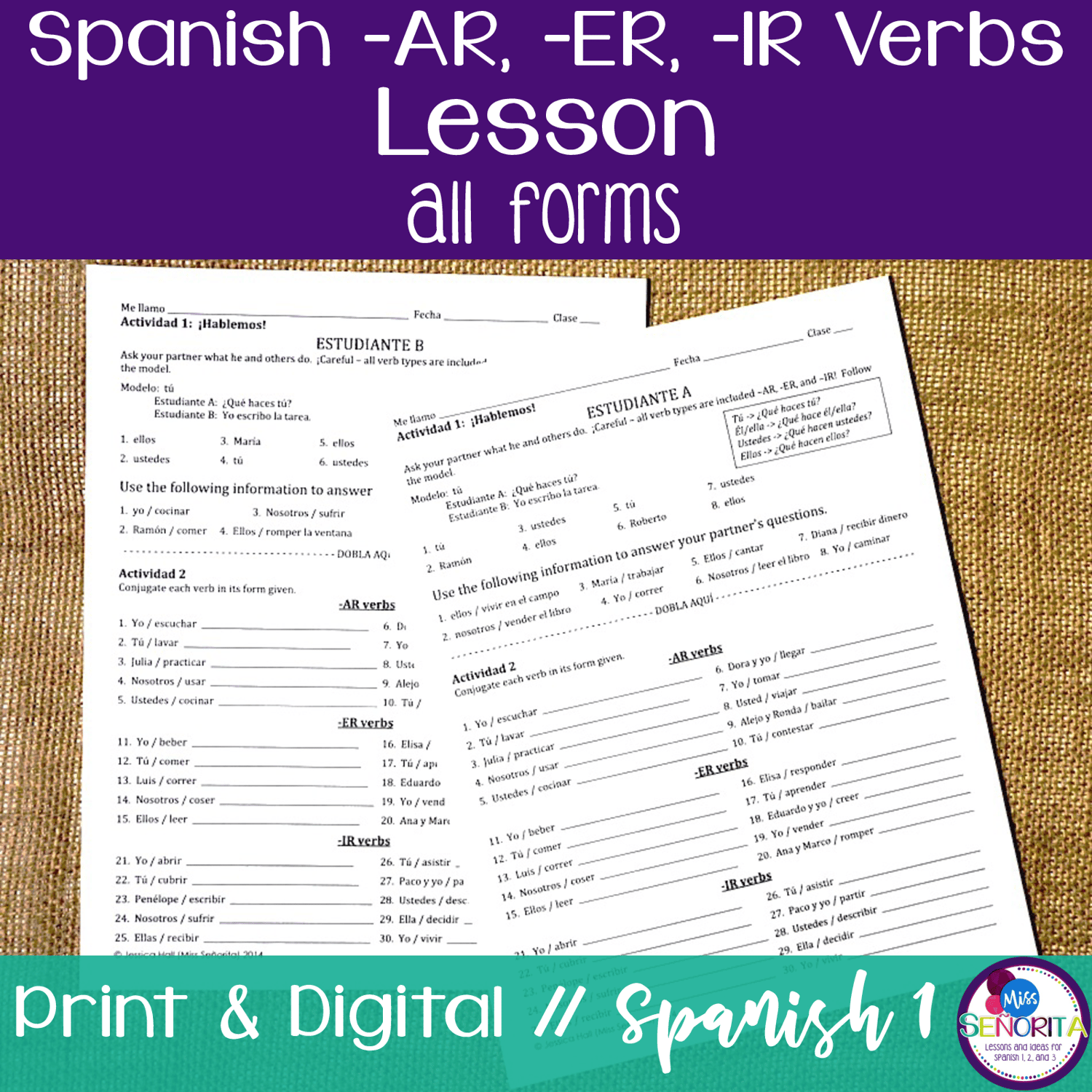 Spanish Present Tense Regular AR, ER, IR Verbs Lesson - el presente activities