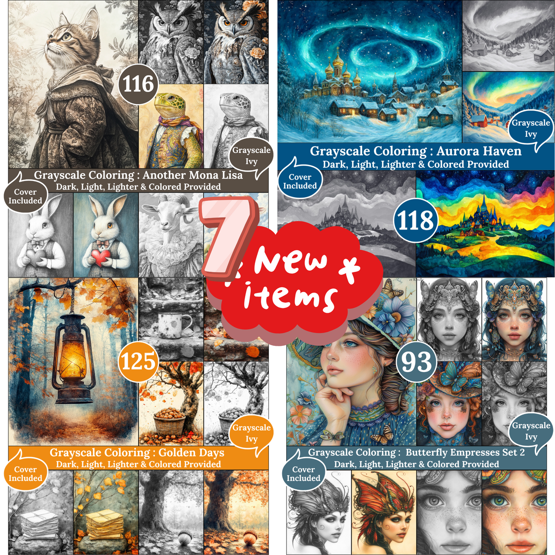 Grayscale Ivy New Arrivals — November 01, 2025  7 new grayscale coloring books for adults, printable PDF, each includes Dark, Light, Lighter & Colored versions.