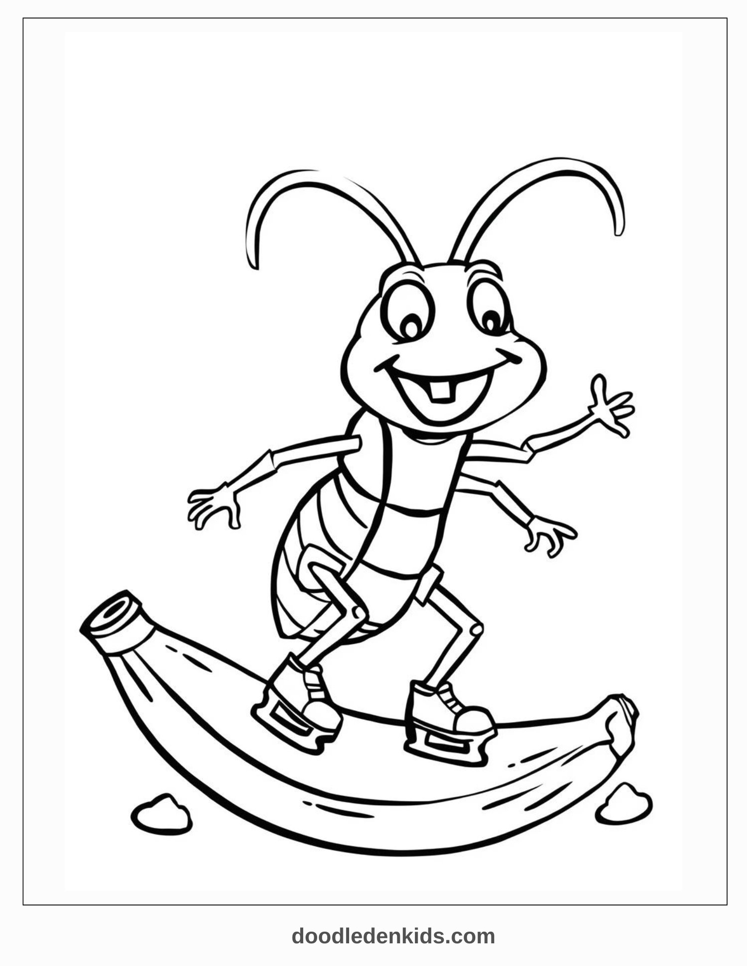 Happy Cockroach Coloring Page – Funny Bug Skating on Banana Peel