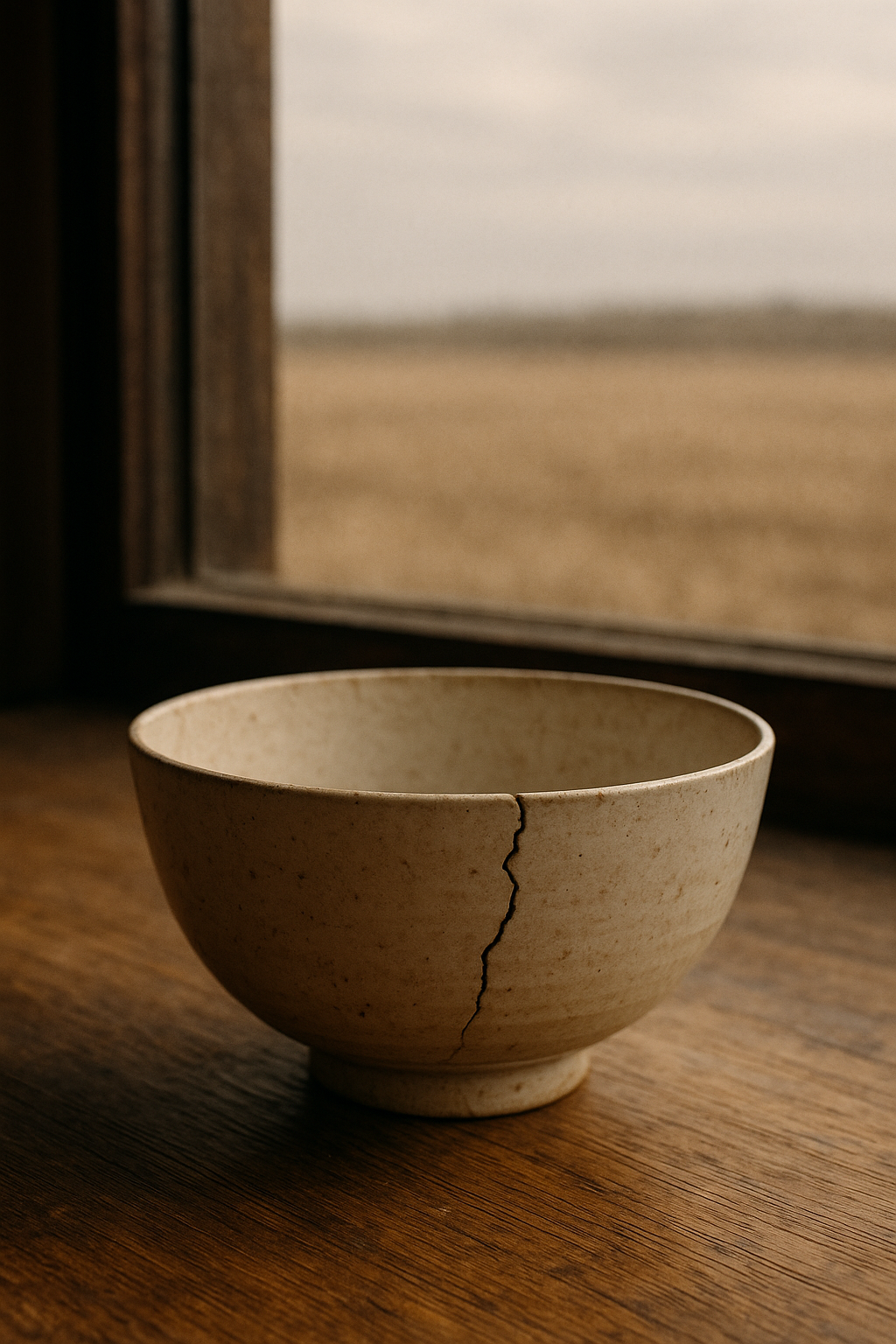 Cracked porcelain rice bowl resting on weathered wood, representing hunger and broken promises. Empty field under a pale gray sky, symbolizing silence after man-made famine.