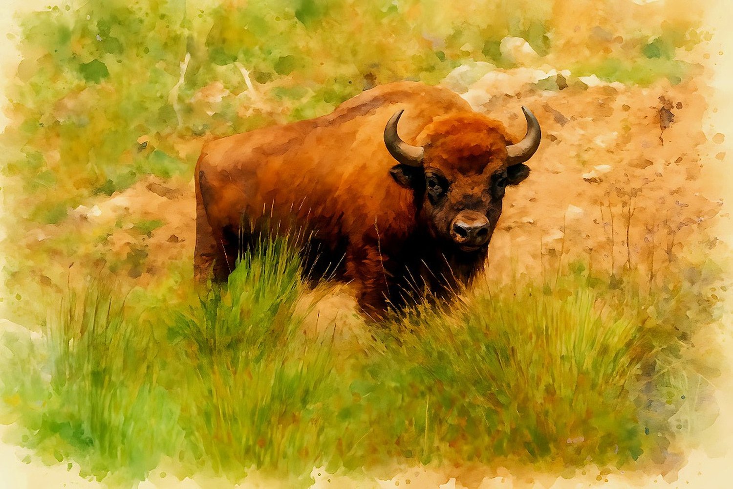 watercolor bison, bison portrait, majestic bison art, wild buffalo painting, wildlife watercolor, bison in prairie, American bison art, large animal painting, nature art print, rustic wall art, symbolic animal art, bison close-up, prairie wildlife, spirit