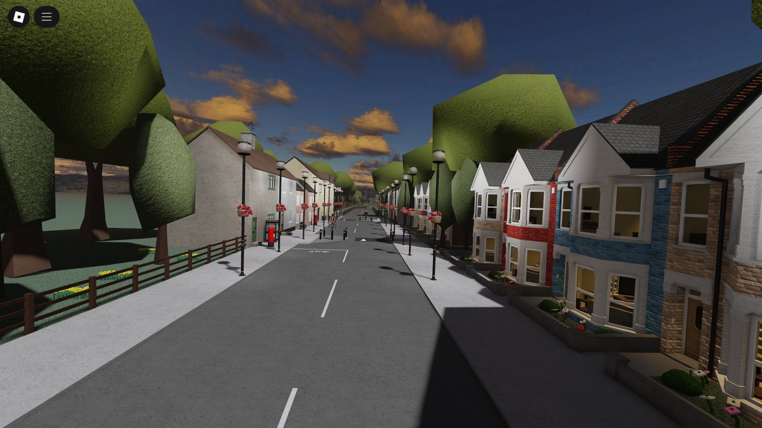 Wide view of Highbury Town Roblox map with lighting