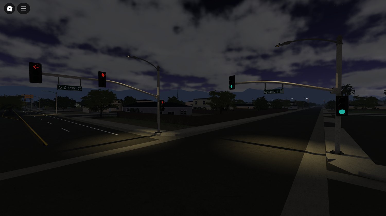 Full cityscape of Beaumont California Roblox map with lighting