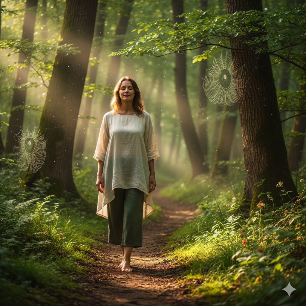 Frau geht achtsam durch den Wald – Naturtherapie zur Stressreduktion