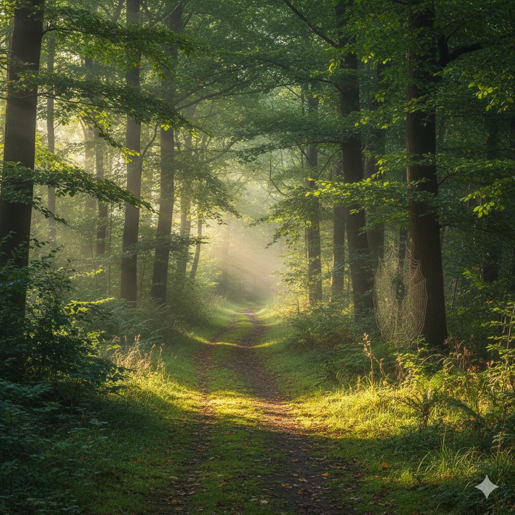 Ein ruhiger Waldweg im Morgenlicht mit üppigem Grün – Symbol für Naturtherapie und Stressabbau