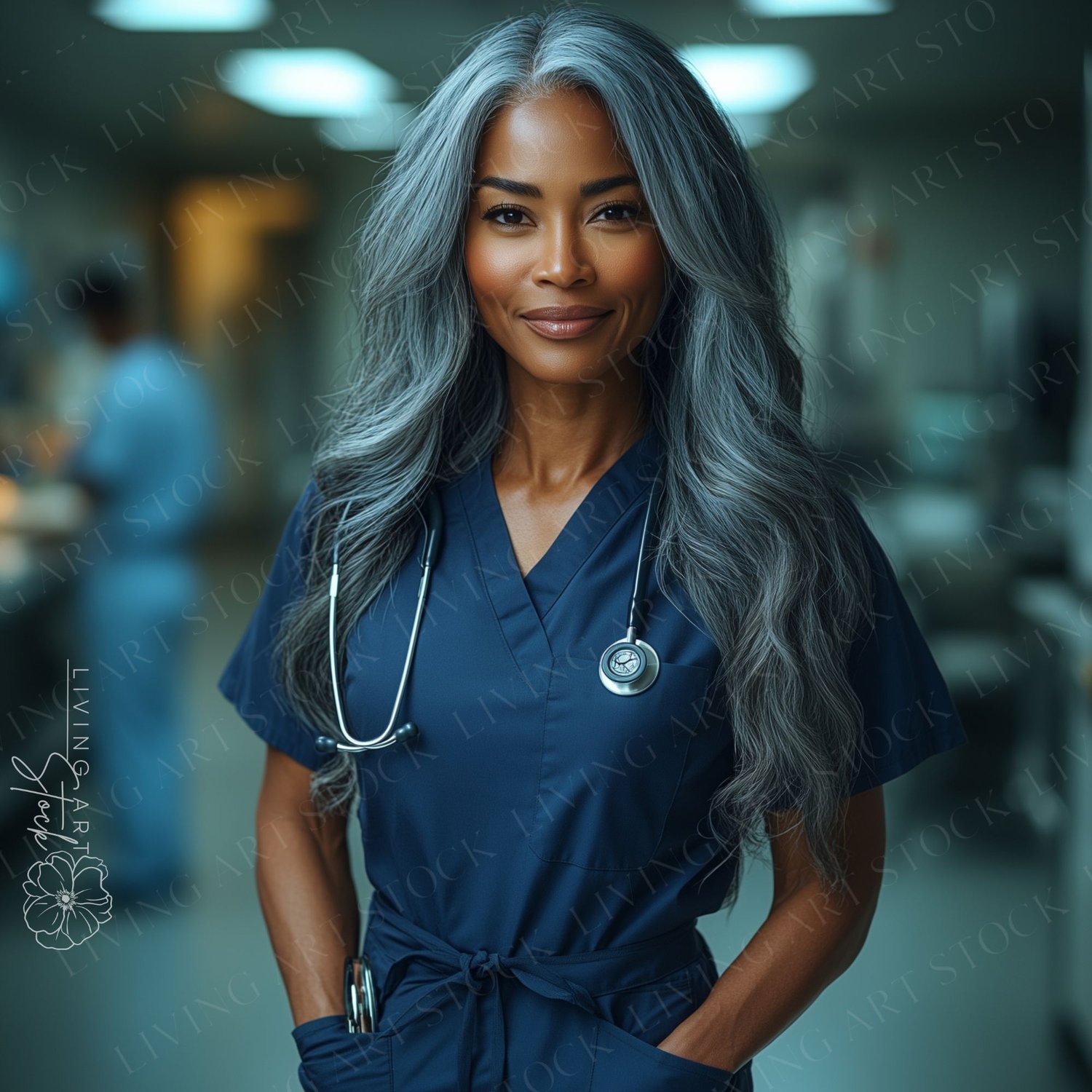 A professional, mid-shot portrait of a confident and poised Black woman in a hospital or clinic setting, an experienced doctor or nurse. She is wearing dark blue medical scrubs with a matching tie waist and a stethoscope around her neck. Her striking, lon