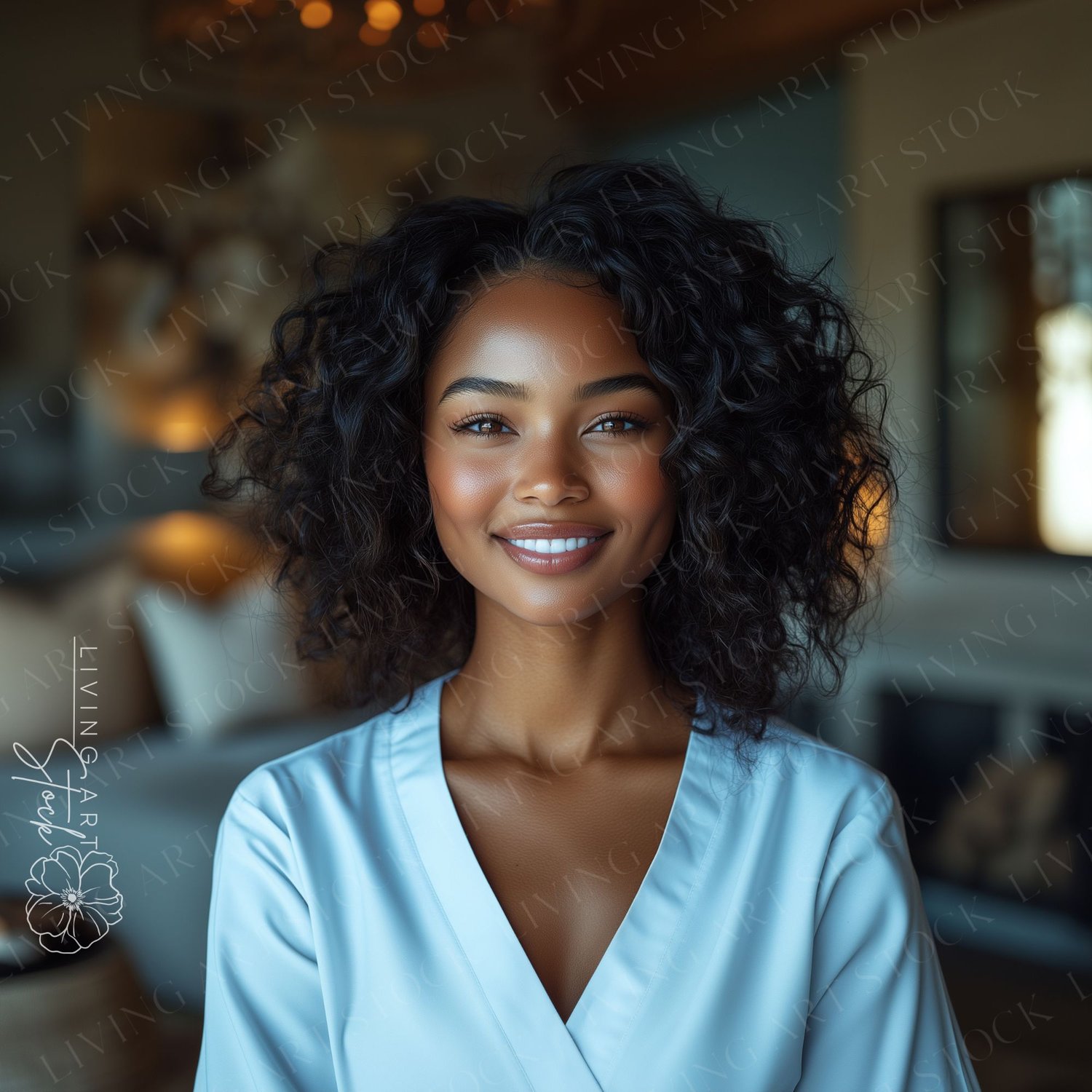 Blasian Woman Nurse Smiling Wearing White Scrubs, She has Black Curly and is Standing in a Living Room, Travel Nurse
