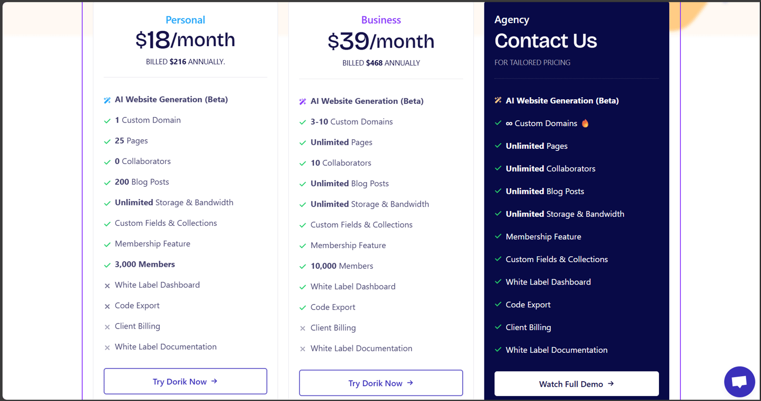 Dorik AI website builder subscription pricing
