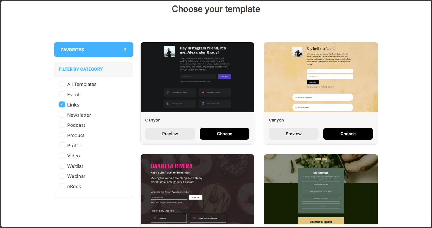 ConvertKit Link in bio templates