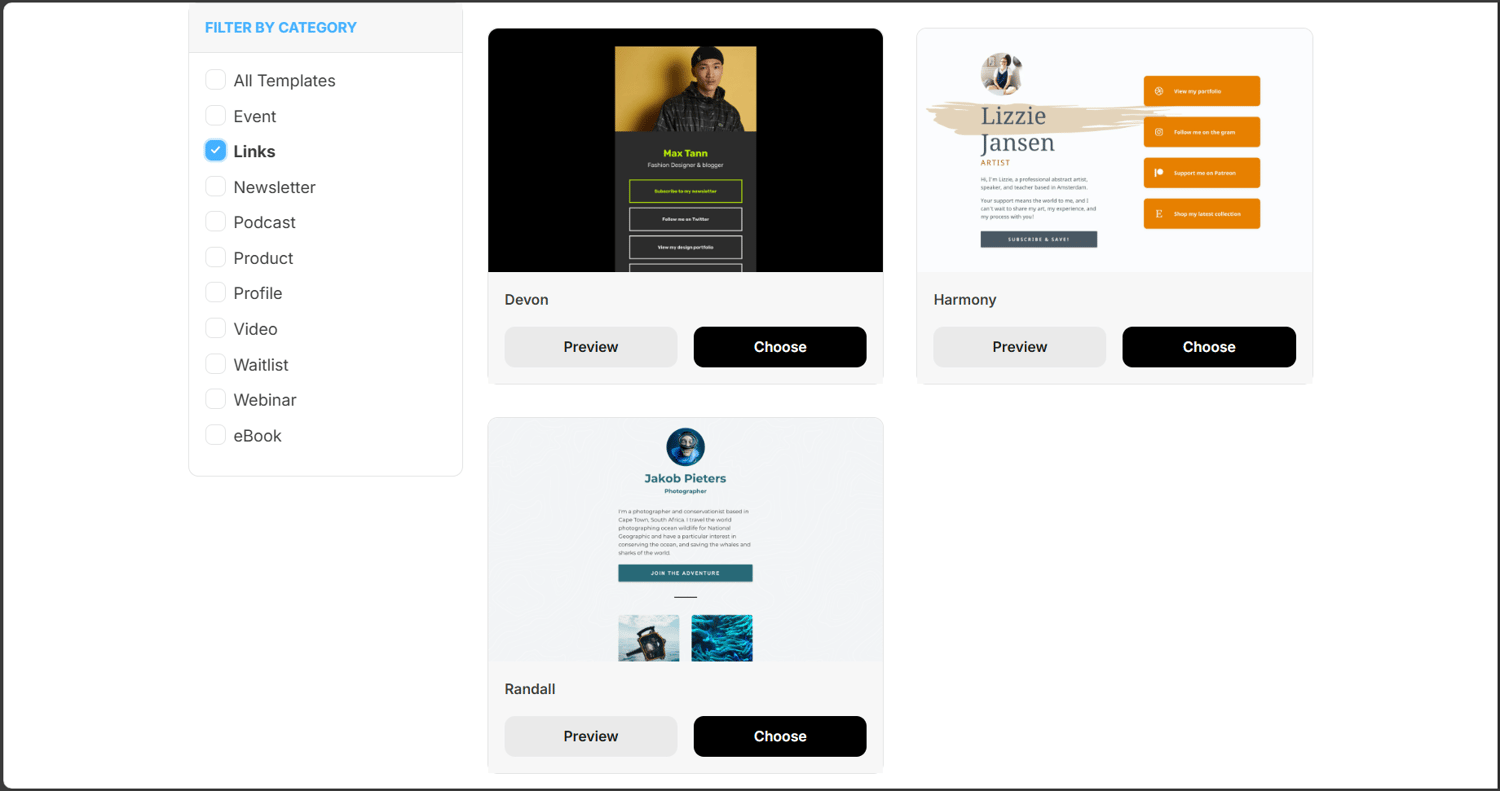 ConvertKit Link in bio templates