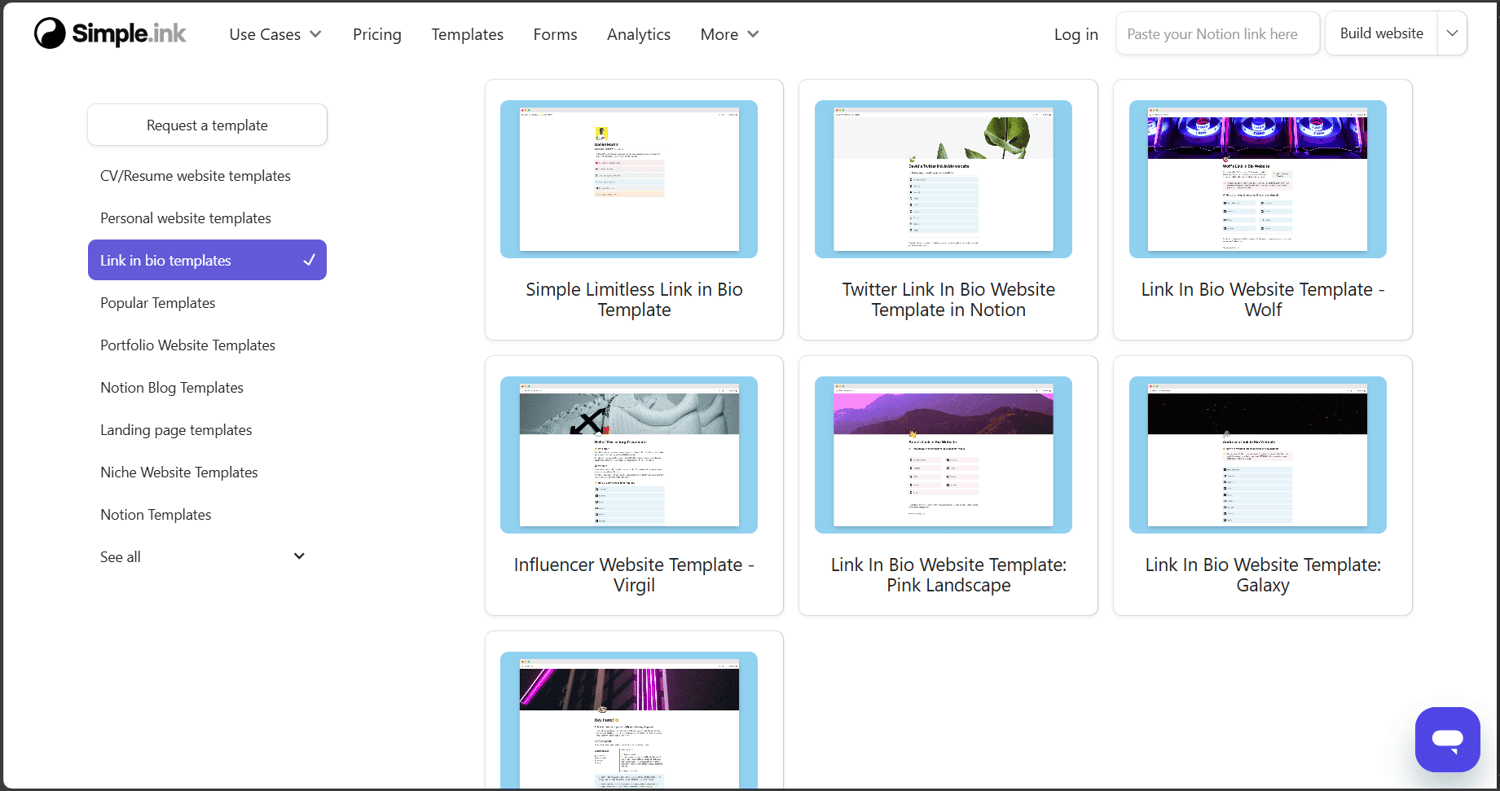 Simple.ink link in bio website templates