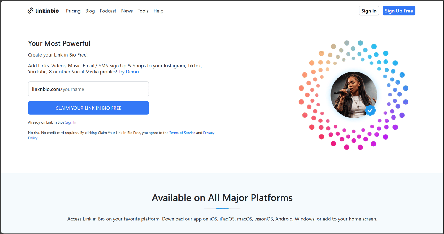 Linknbio website home dashboard