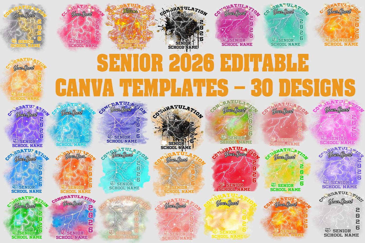 Celebrate your graduating seniors in style! 🎓✨ This bundle includes 30 fully editable Canva templates perfect for Senior 2026 events, sports teams, graduation parties, school merch, and digital or print use.  ✅ Easy to edit in Canva ✅ Change text, colors,