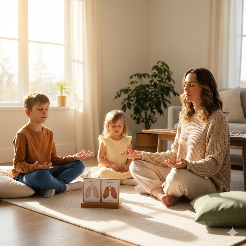 Mutter und Kinder praktizieren achtsam eine Atemübung im Wohnzimmer – Familienachtsamkeit im Alltag.