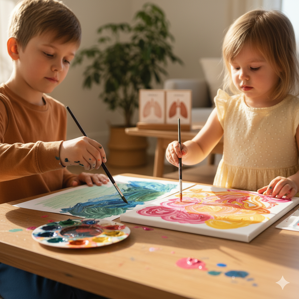 Kinder malen konzentriert und achtsam – kreative Achtsamkeitspraxis.