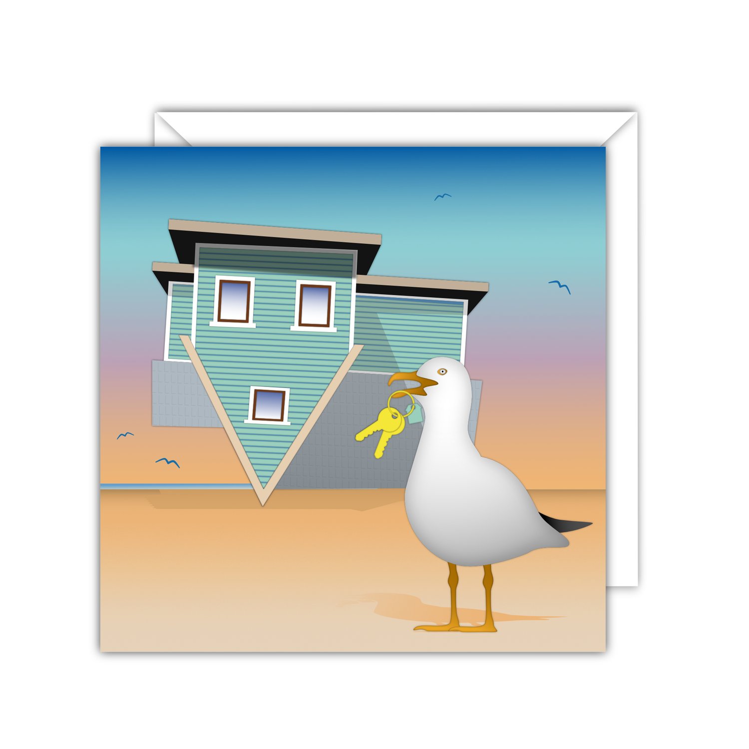Greeting card illustration of Brighton Upside Down House with a seagull holding house keys for a new home