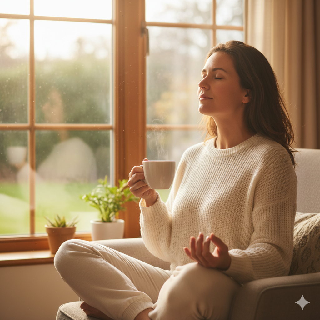 Frau integriert Achtsamkeit in ihre Morgenroutine – Habit Stacking für weniger Stress.