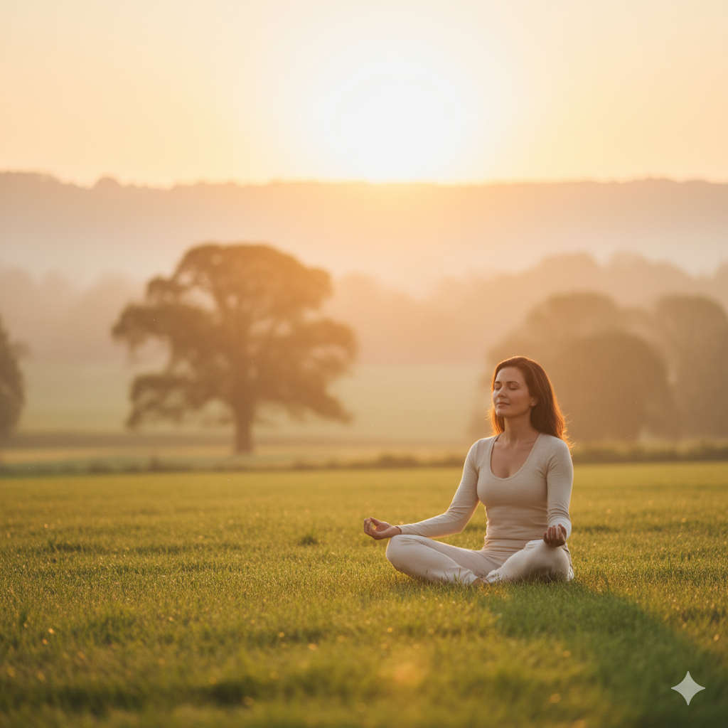 Frau macht Yoga im Freien – sanfte Bewegung gegen Stress.