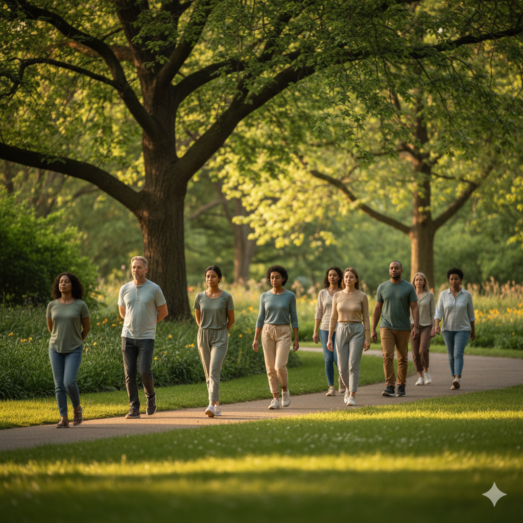 Achtsamer Spaziergang im Park – natürliche Stressbewältigung.