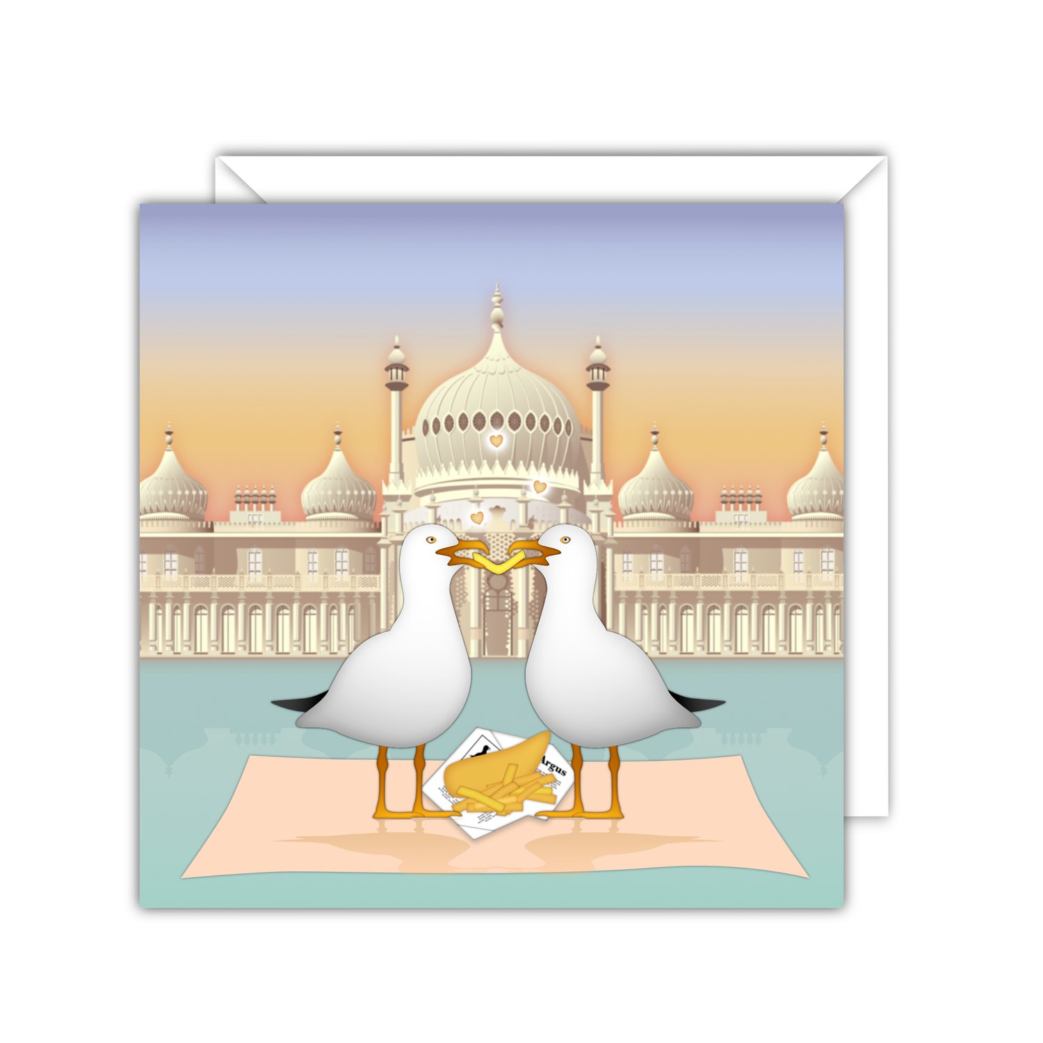 Romance, Brighton style: seagulls on a fish & chip date by the Pavilion. A cheeky seaside card for birthdays, love notes & laughs.