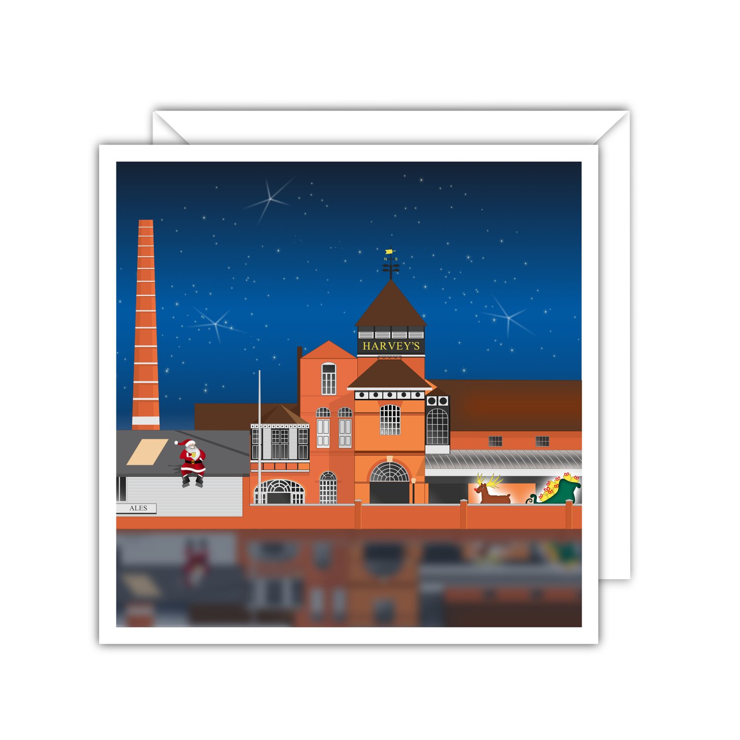 A light-hearted Lewes Christmas card featuring Santa taking a well-earned break outside Harvey’s Brewery.