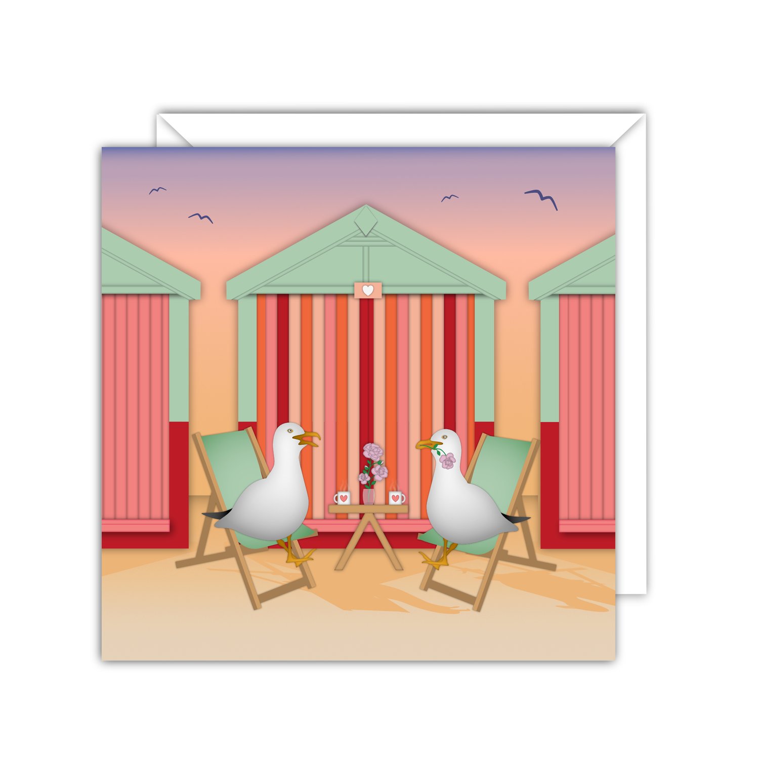Greeting card illustration of two seagulls on a beach hut date by the seaside