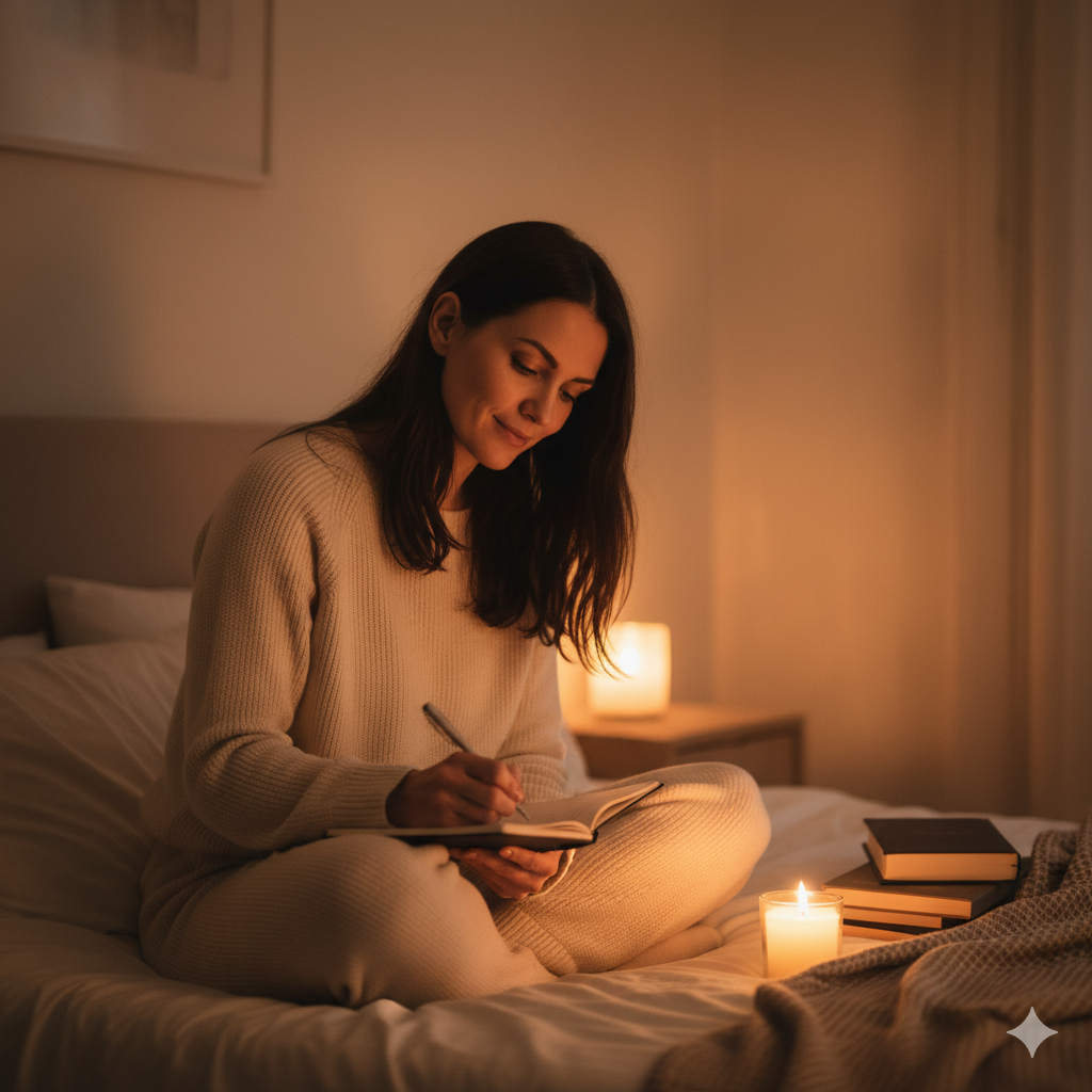 Frau schreibt abends in ihr Dankbarkeitstagebuch – Abendritual für mehr Gelassenheit.