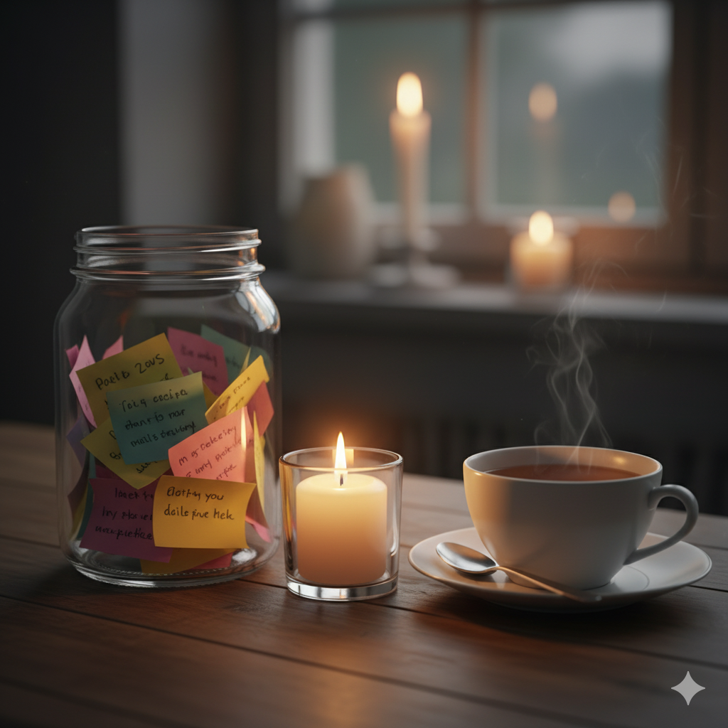 Dankbarkeitsglas mit bunten Zetteln – tägliche Dankbarkeitsroutine.