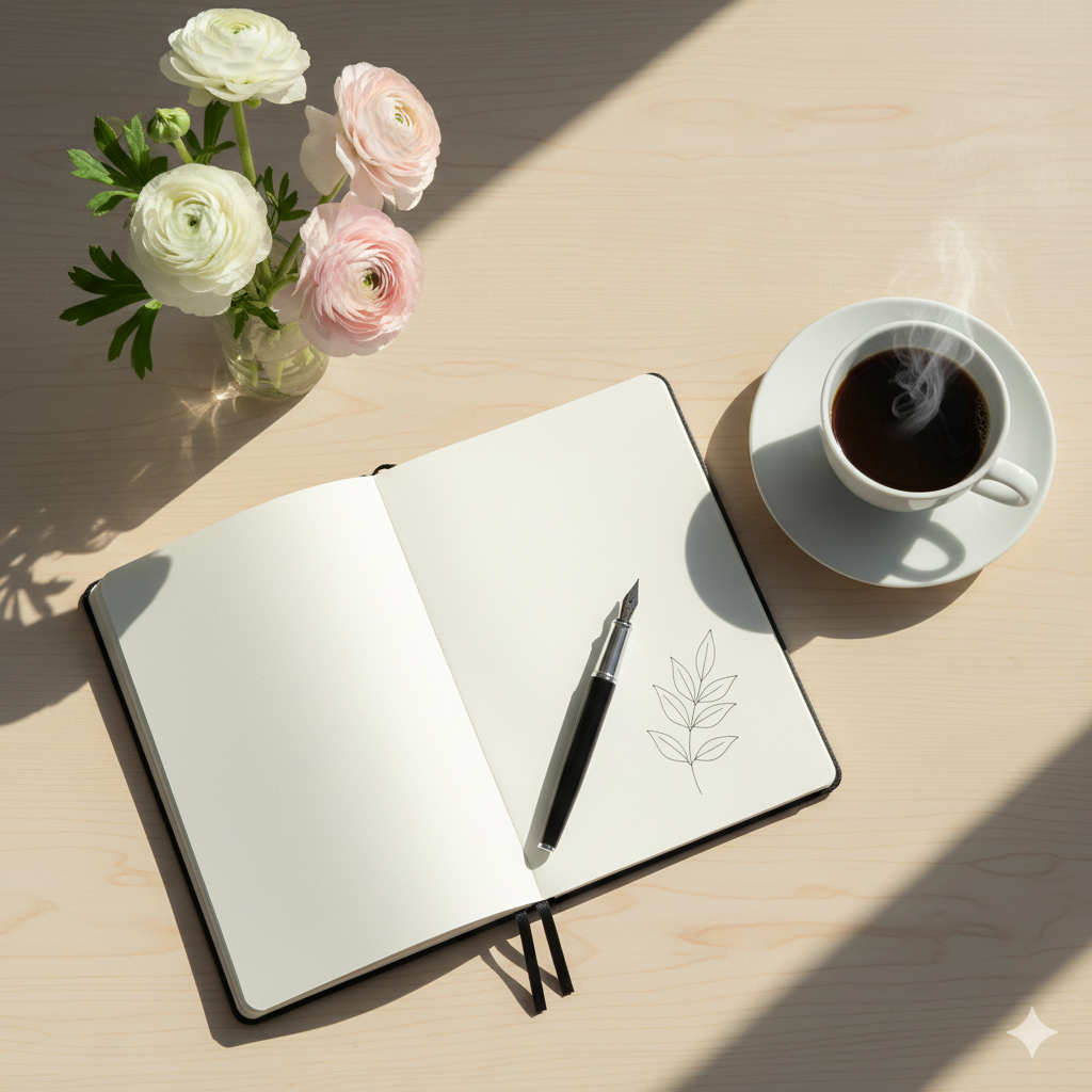 Flatlay mit Dankbarkeitstagebuch und Kaffee – Morgenritual