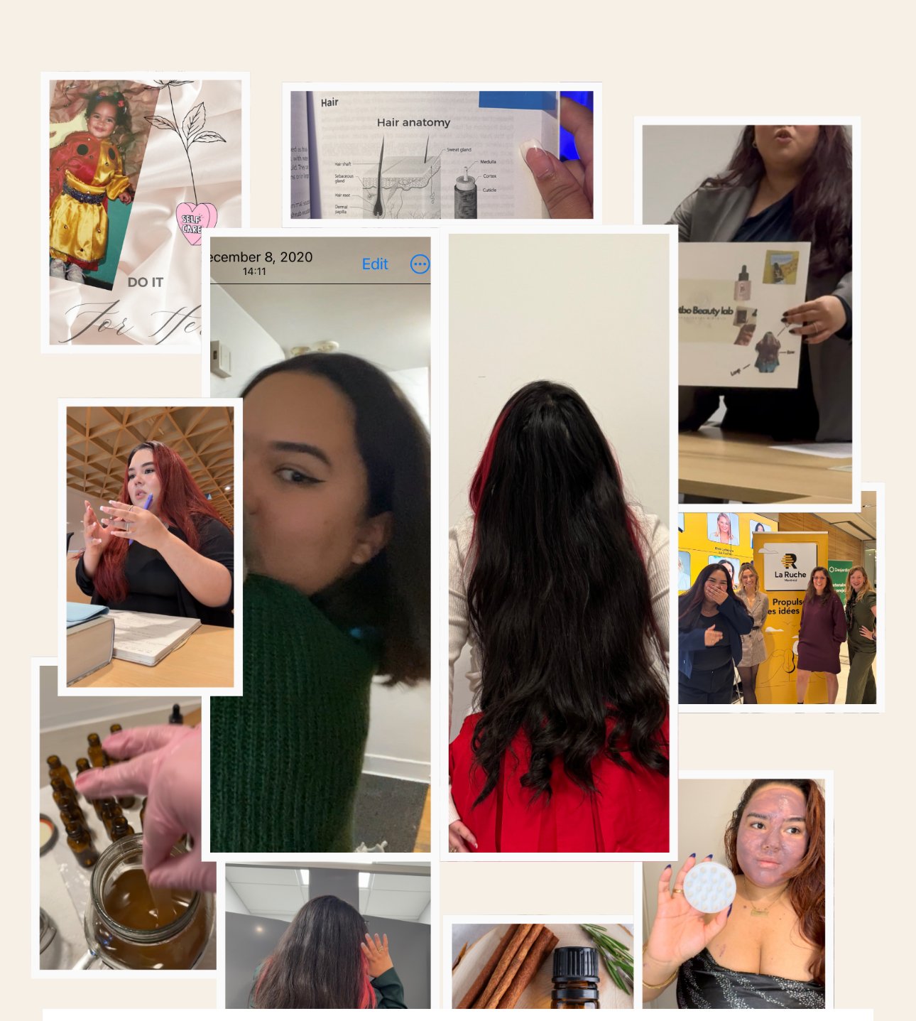 Collage retraçant le parcours de Catherine, fondatrice de CatboCare — de la création artisanale d’huiles capillaires à son chemin d’apprentissage, de passion et de transformation. Chaque image raconte l’évolution d’une vision : unir beauté, soin du cuir chevelu et bien-être émotionnel.  Collage reflecting Catherine’s journey, founder of CatboCare — from crafting hair oils by hand to her path of learning, passion, and transformation. Each image tells the story of a vision: blending beauty, scalp care, and emotional wellness.